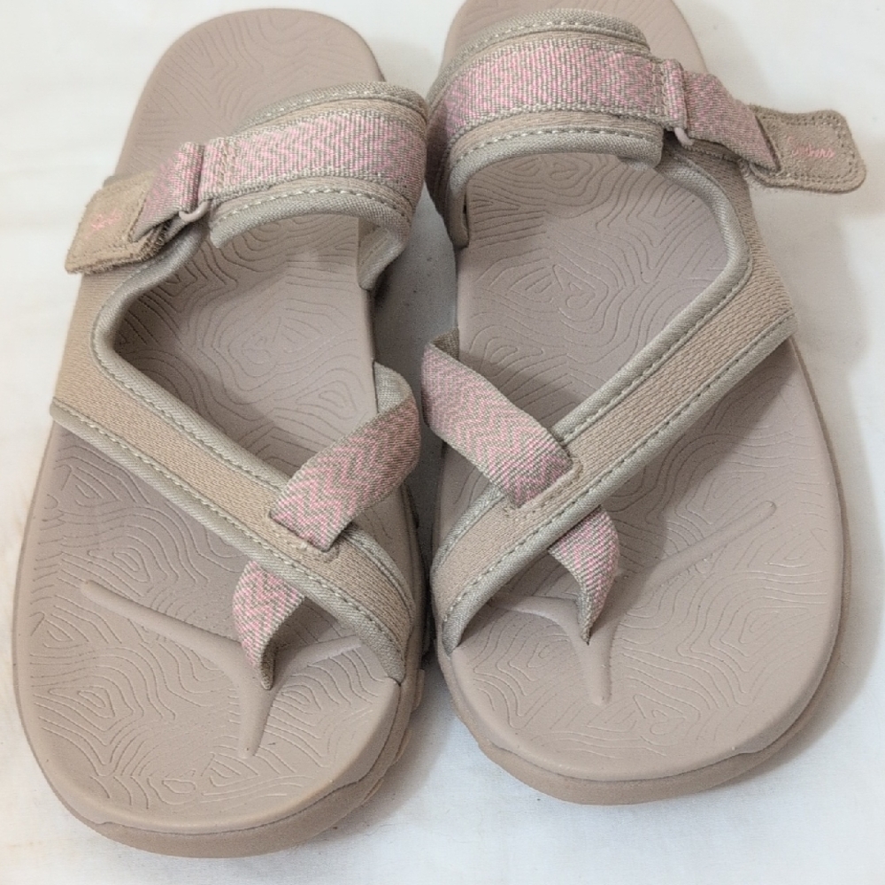 Skechers Beige Slide Sandals with Pink Logo Accent